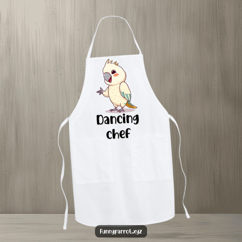 Funny parrot apron featuring a bird with a cheeky grin, performing a tiny dance move.