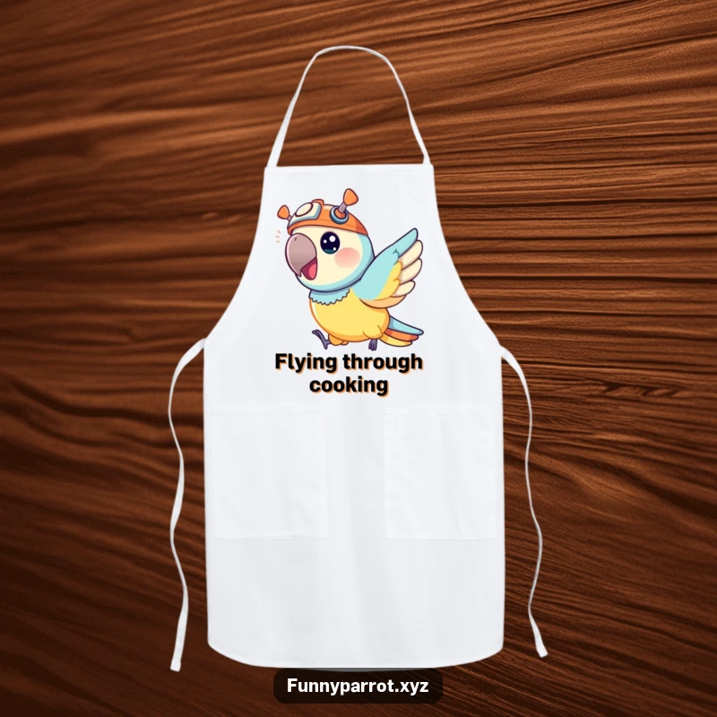 Funny apron depicting a vibrant parrot wearing a tiny propeller hat, joyfully zipping through the air while you cook.