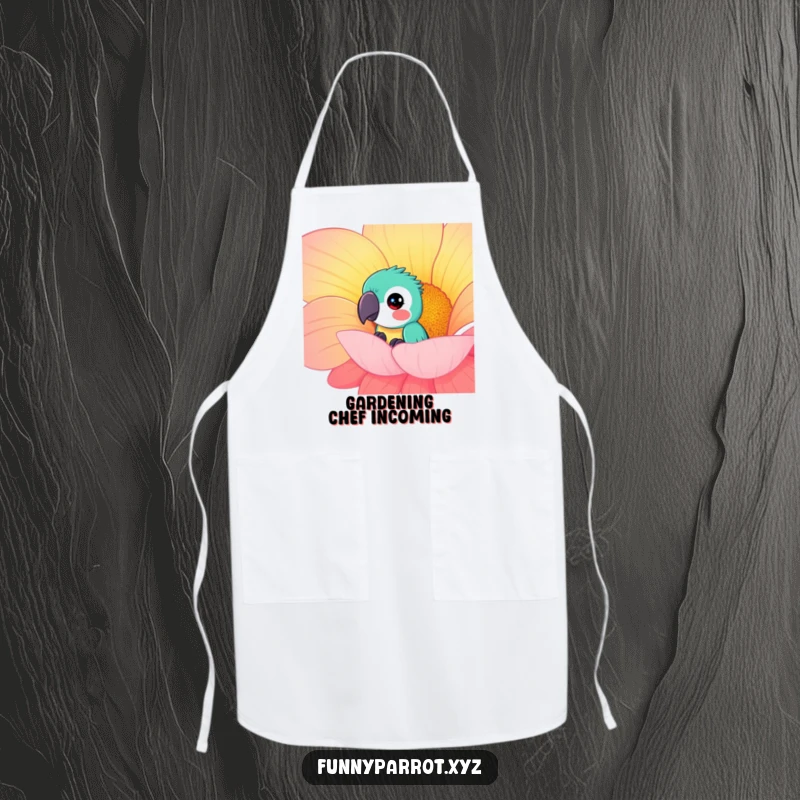 Funny curious parrot apron with a parrot peeking out from behind a giant, brightly colored flower, ideal for kitchen use with humor.