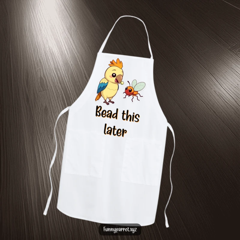 Funny apron showing a parrot offering a shiny bead to a bug, perfect for kitchen humor and a unique gift.