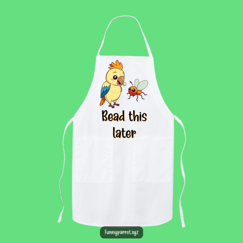 Funny Parrot Chef Apron: Parrot Offers Shiny Bead to Bug, Cooking Humor, Funny Gift