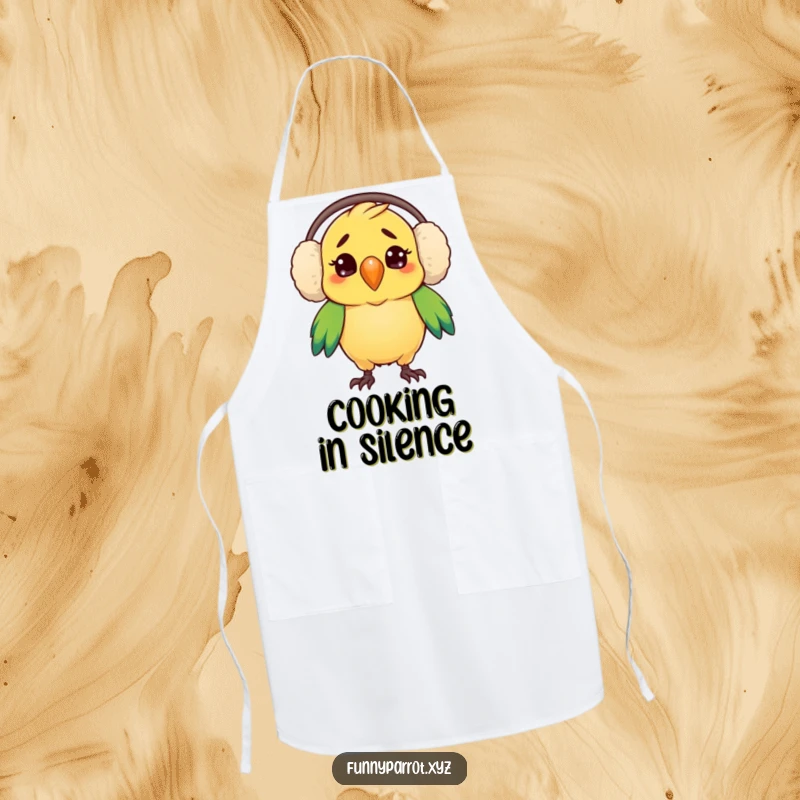 Funny apron featuring a parrot looking comically confused with oversized earmuffs, adding humor to kitchen activities.