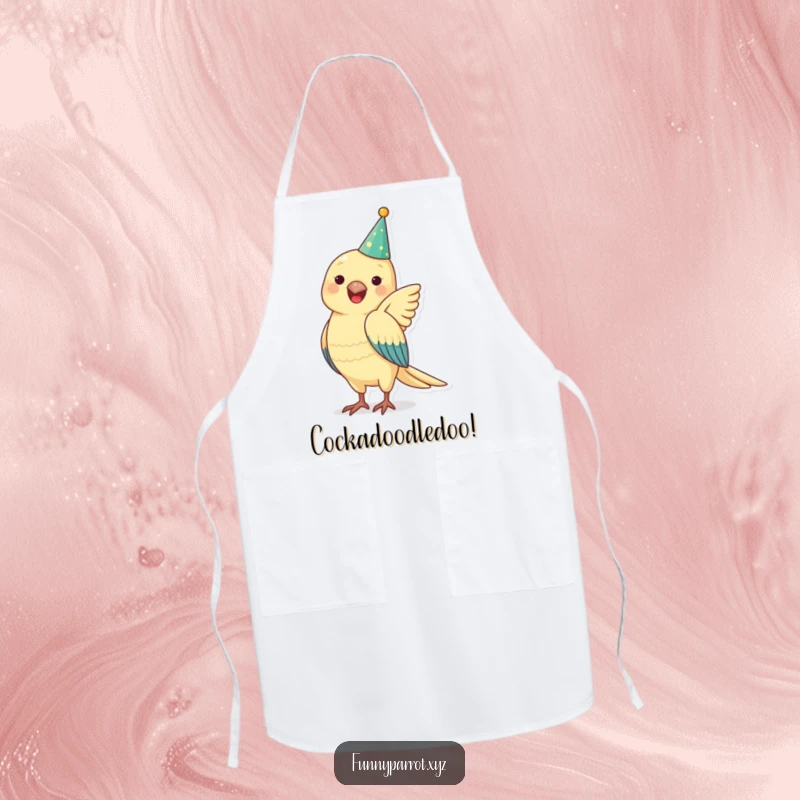 Funny parrot apron featuring a parrot in a party hat flapping wings, perfect for cheerful and clean cooking sessions.