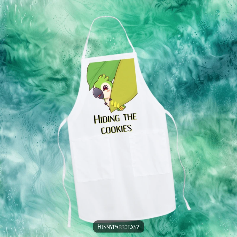 Funny apron featuring a parrot with a mischievous grin playfully peeking from behind a giant tropical leaf, adding humor to kitchen activities.