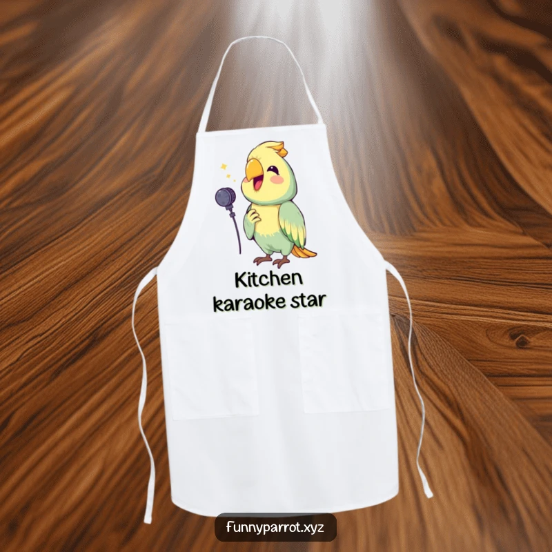 Funny apron featuring a happy parrot holding a tiny microphone, squawking a cheerful tune, adding musical humor and fun to kitchen activities.