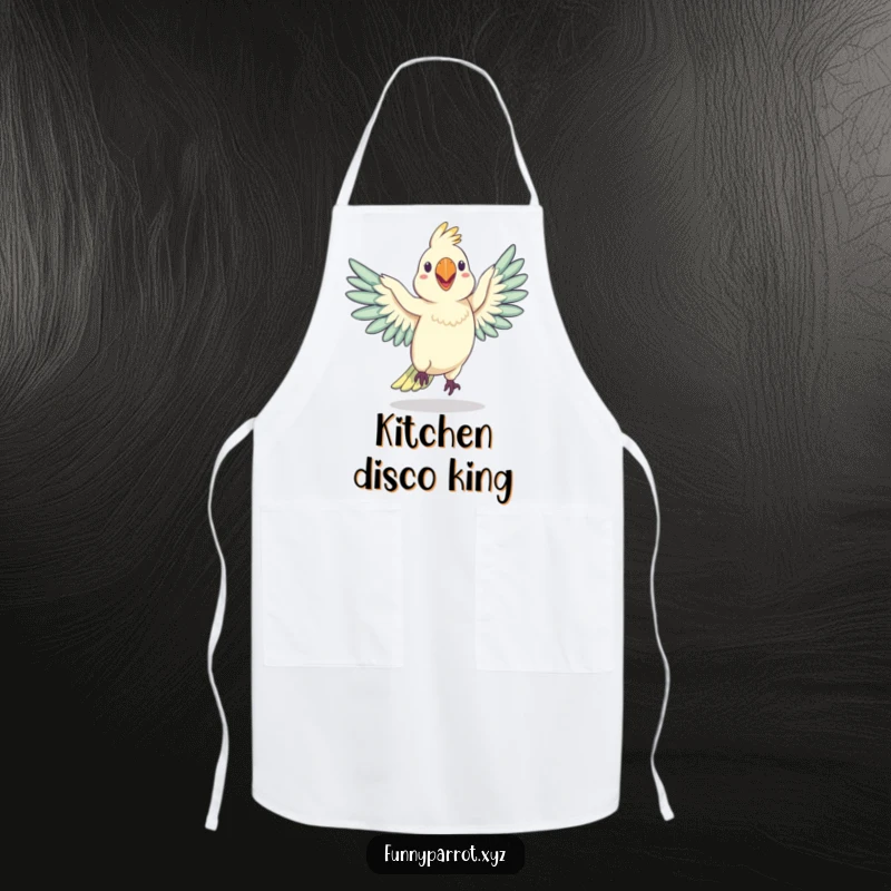 Funny apron featuring a silly parrot doing a comical wobbly dance with wings outstretched, adding humor and fun to kitchen activities.