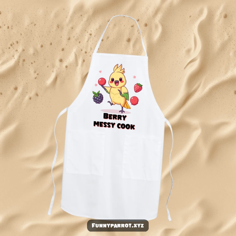 Funny parrot apron featuring a playful bird skillfully juggling three colorful berries.