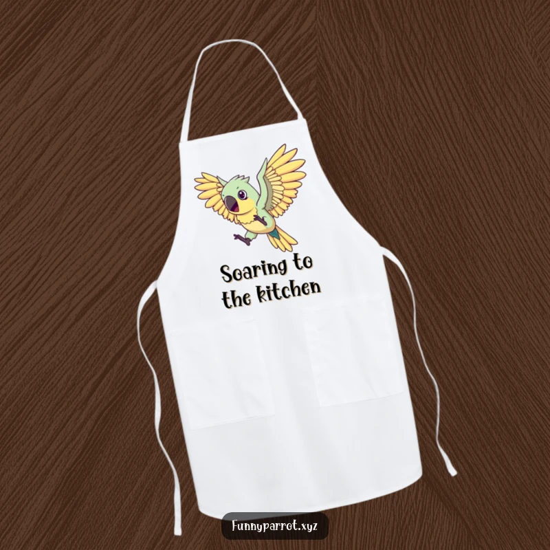Funny flying parrot apron with a determined parrot sporting oversized, comical wings trying to fly, ideal for kitchen use with humor.