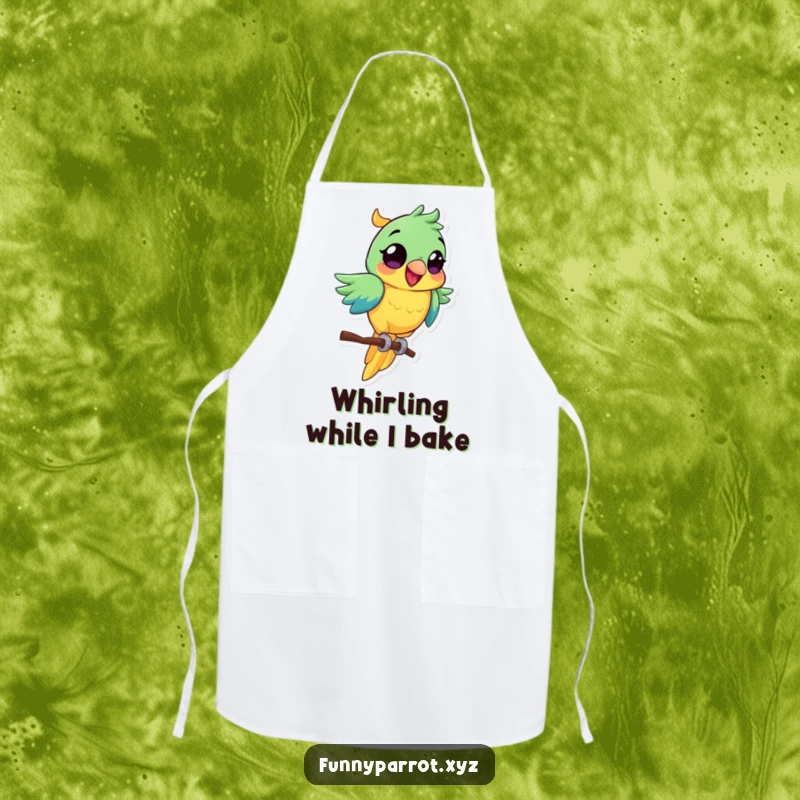Funny parrot apron featuring a vibrant bird with wide eyes, excitedly spinning on a perch.