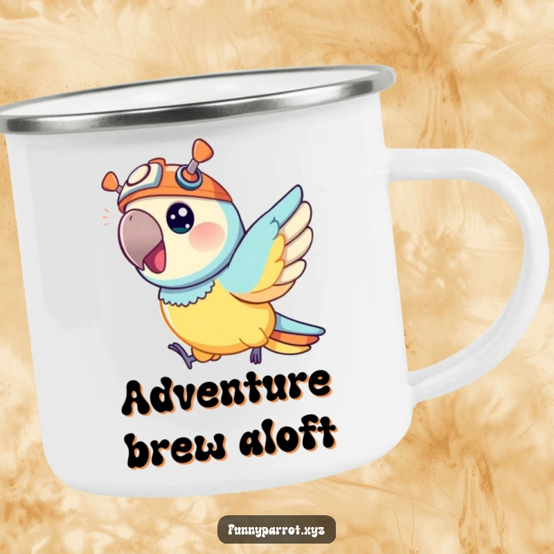 Funny camping mug with a vibrant parrot wearing a small propeller hat, joyfully zipping through the air for outdoor enjoyment.