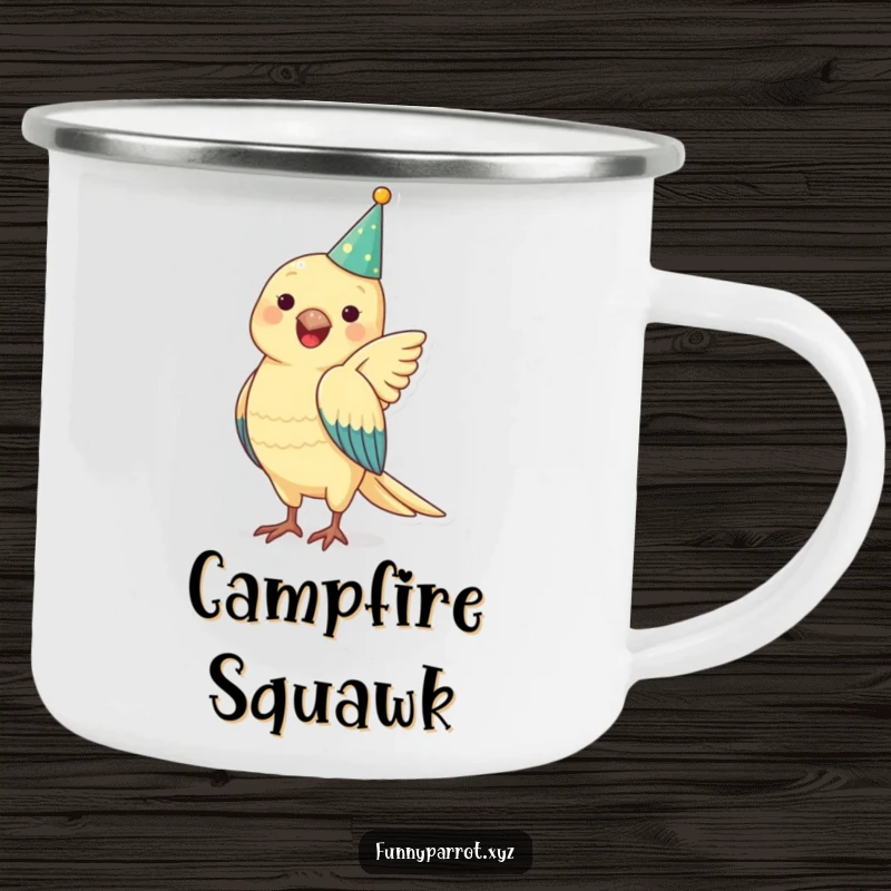 Funny parrot camping mug showing a party-hatted parrot flapping wings, ready for outdoor adventures and hot beverages.