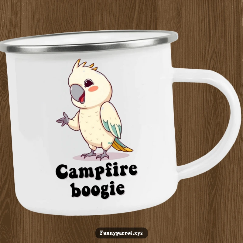 Funny parrot camping mug featuring a bird with a cheeky grin, performing a tiny dance move.