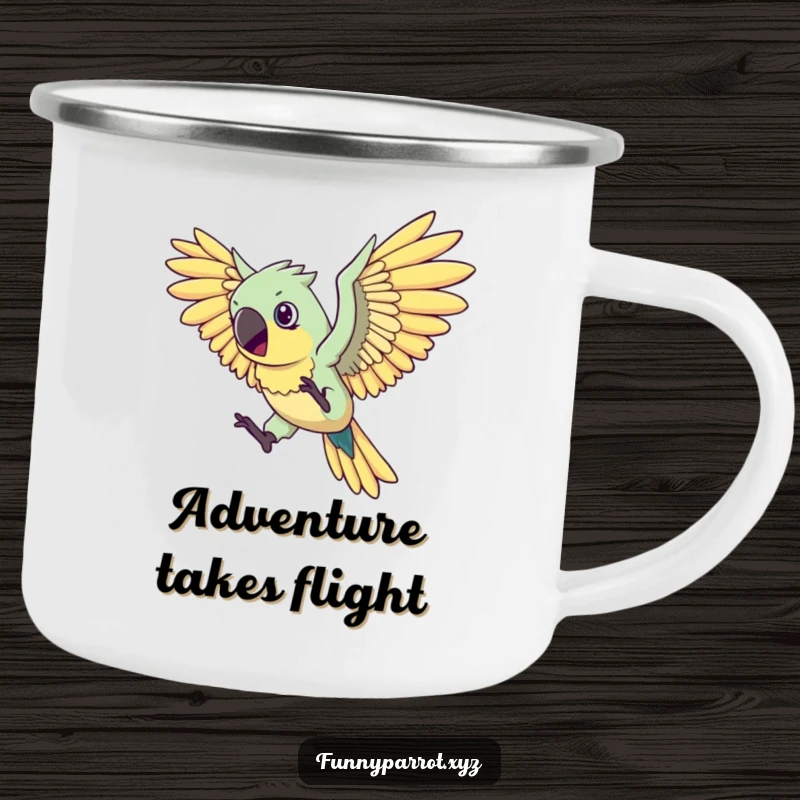 Funny flying parrot camping mug showing a determined parrot with oversized comical wings trying to fly, ideal for outdoor drinks with humor.