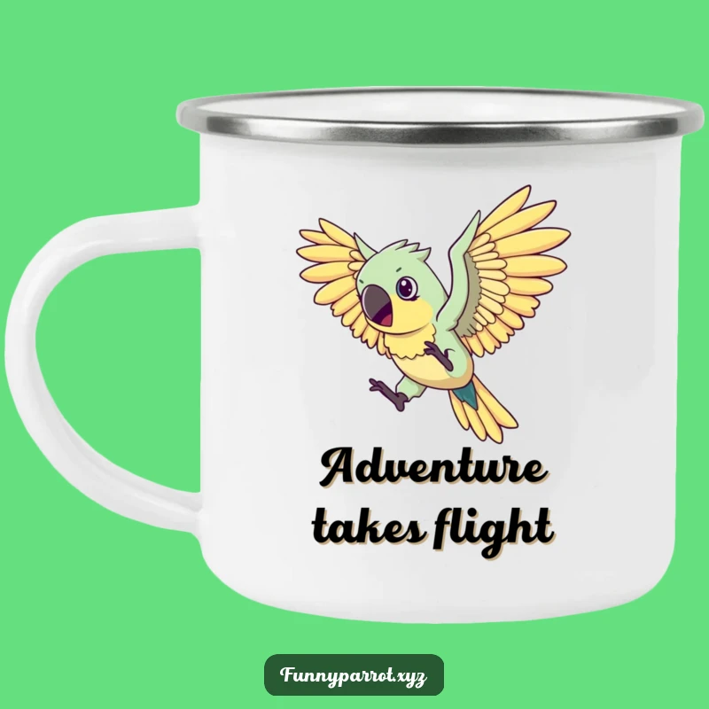 Funny Flying Parrot Camping Mug - Fuel your adventures with determined bird humor!