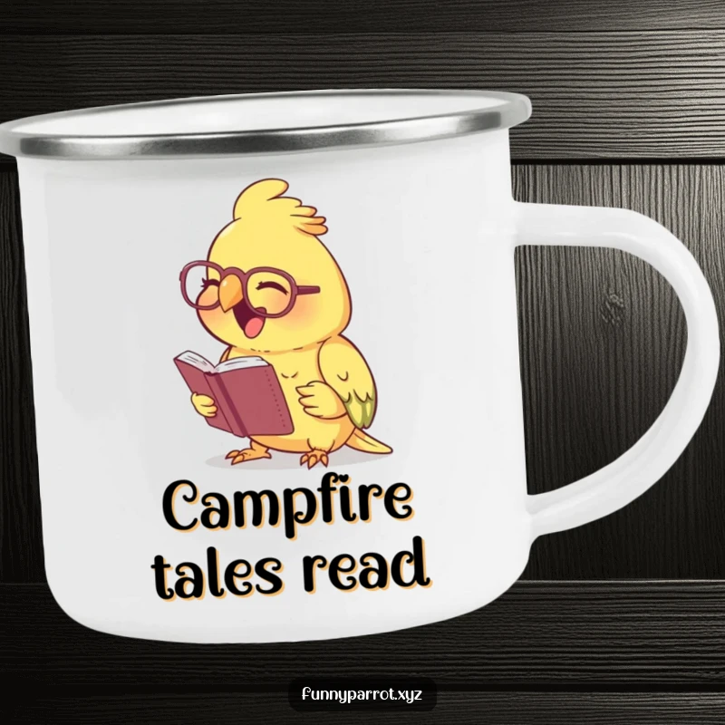 Funny laughing parrot camping mug showing a parrot wearing tiny spectacles, reading a minuscule book and laughing, ideal for outdoor drinks with humor.