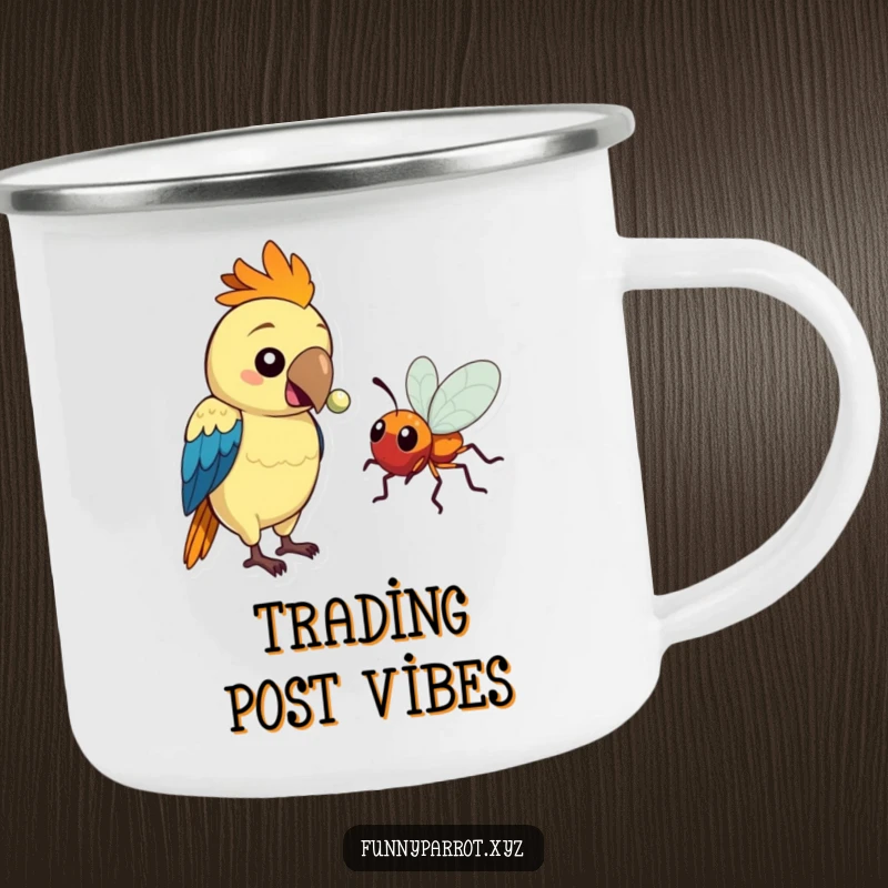 Funny camping mug showcasing a parrot offering a shiny bead to a bug, ideal for outdoor laughs and unique gifts.