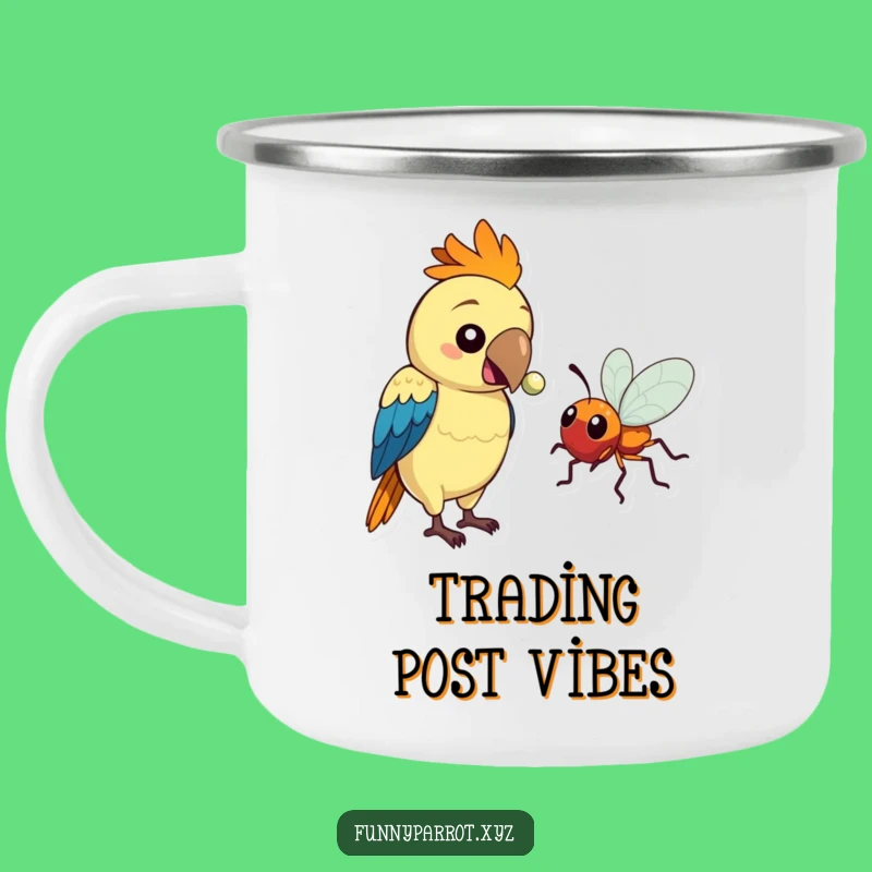 Funny Parrot Adventure Mug: Parrot Offers Shiny Bead to Bug, Outdoor Humor, Funny Gift