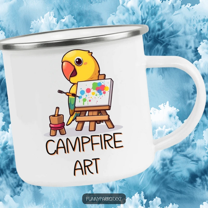 Funny camping mug featuring a parrot painting a vibrant abstract splatter with its beak, perfect for outdoor humor.