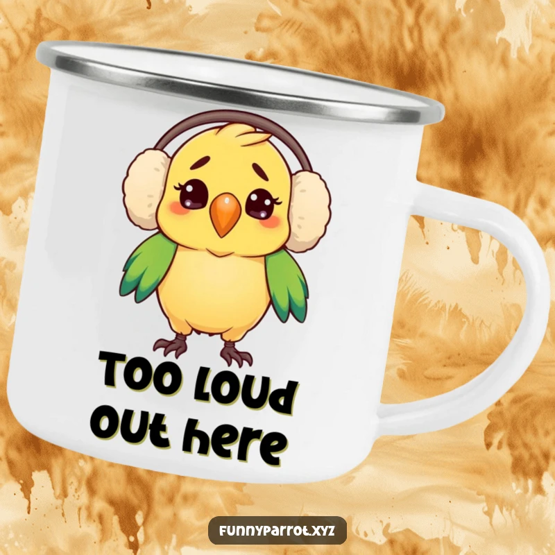 Funny camping mug featuring a parrot comically confused by oversized earmuffs, perfect for outdoor humor and unique gifts.
