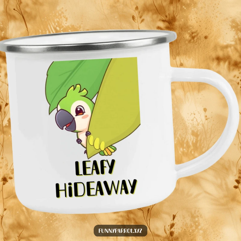 Funny camping mug featuring a parrot with a mischievous grin playfully peeking from behind a tropical leaf, perfect for outdoor humor.