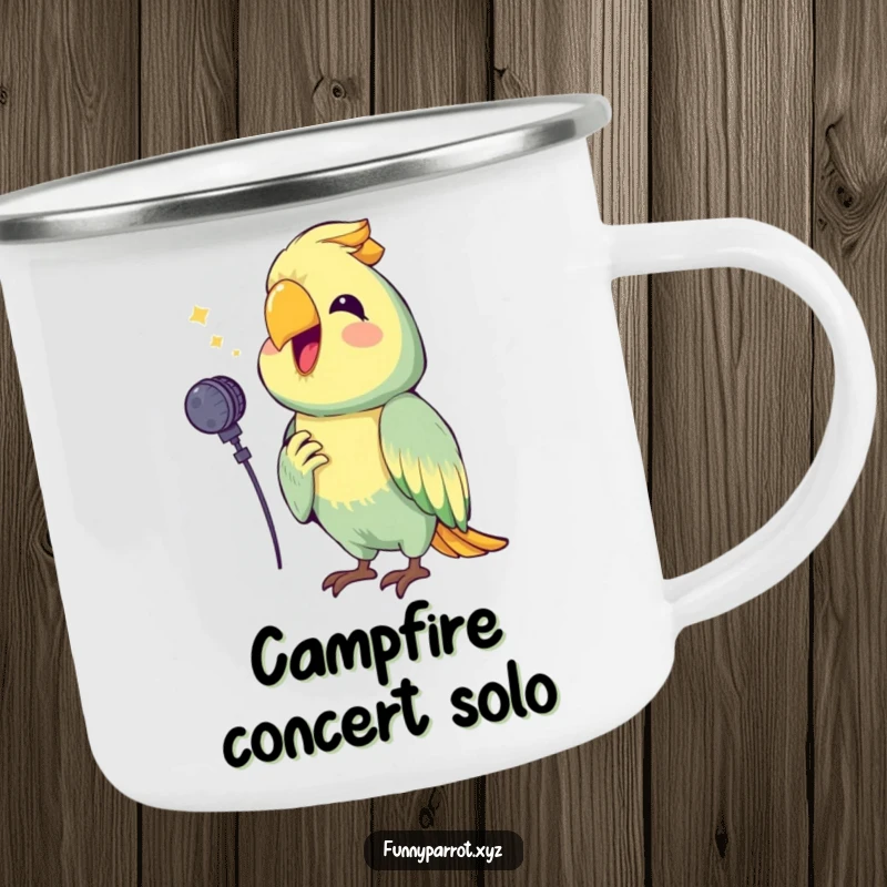 Funny enamel camping mug with a happy parrot holding a tiny microphone, squawking a cheerful tune, perfect for outdoor musical enjoyment.