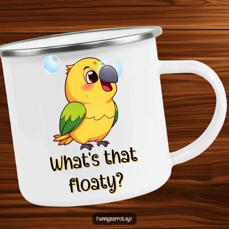 Funny surprised parrot camping mug showing a parrot in shock at a bubble, perfect for outdoor drinks with a humorous twist.