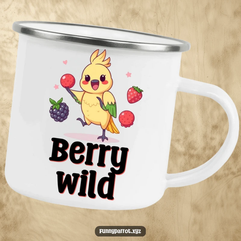 Funny parrot camping mug featuring a playful bird skillfully juggling three colorful berries.