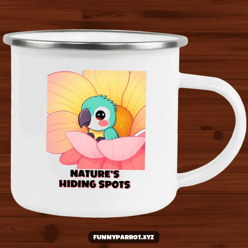 Funny curious parrot camping mug showing a parrot peeking from behind a giant, brightly colored flower, ideal for outdoor drinks with humor.