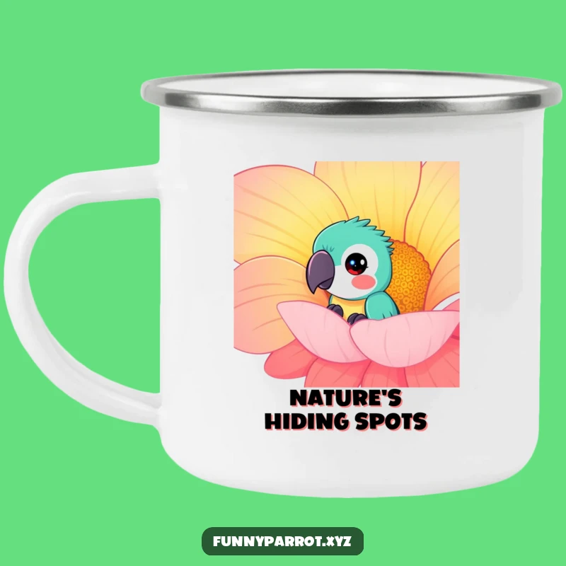 Funny Curious Parrot Camping Mug - Your adventure brew with peeking bird charm!
