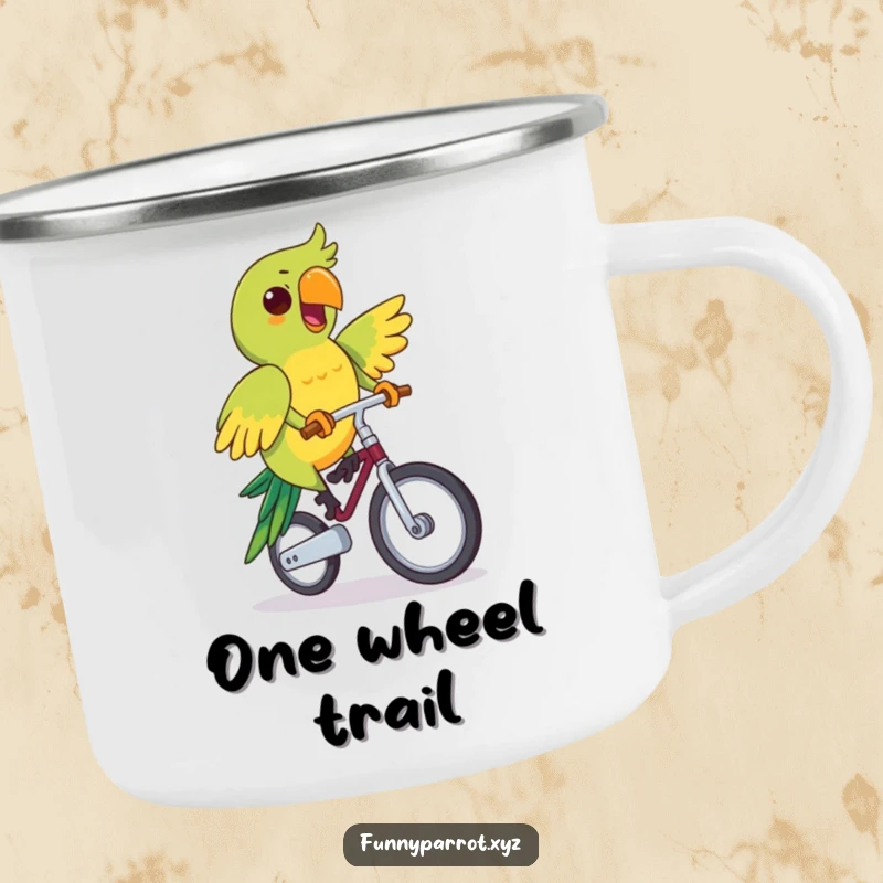 Funny camping mug featuring a parrot enthusiastically riding a unicycle, perfect for outdoor humor and unique gifts.