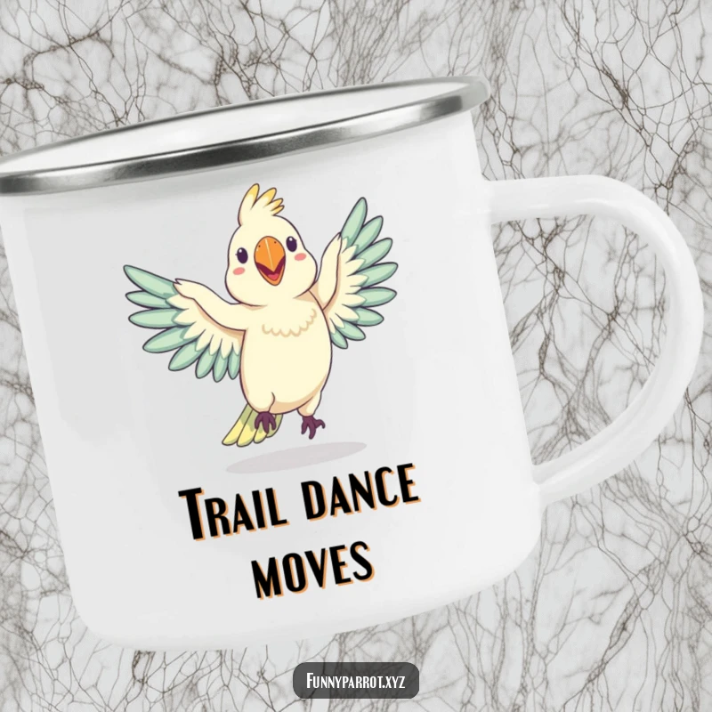 Funny enamel camping mug with a silly parrot doing a humorous wobbly dance with wings outstretched, perfect for outdoor fun.