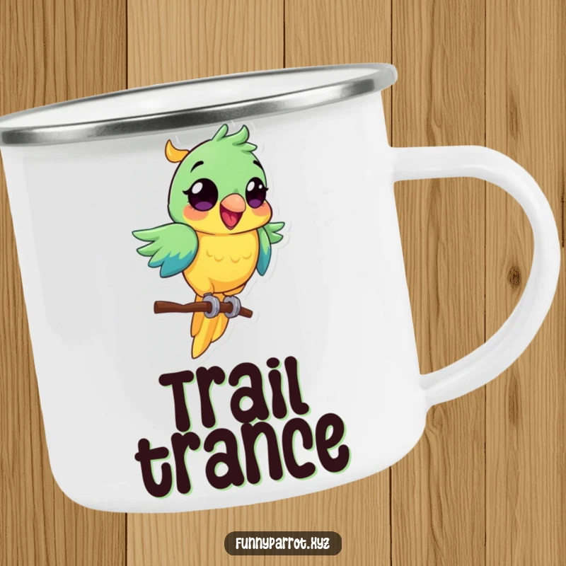 Funny parrot camping mug featuring a vibrant bird with wide eyes, excitedly spinning on a perch.