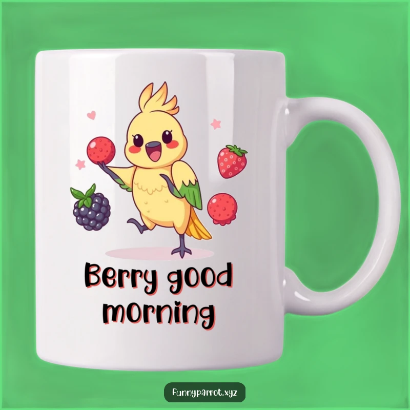 Funny Juggling Parrot Mug: Playful Berry Act, Perfect Gift