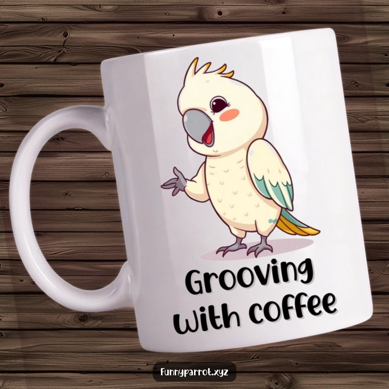 Funny parrot mug featuring a bird with a cheeky grin, mimicking a tiny, energetic dance move.
