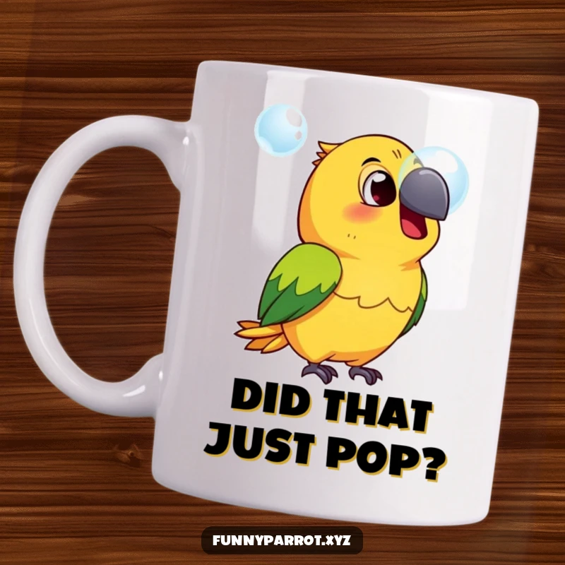 Funny surprised parrot mug featuring a wide-eyed parrot with beak ajar, staring at a floating bubble, conveying a humorous moment.