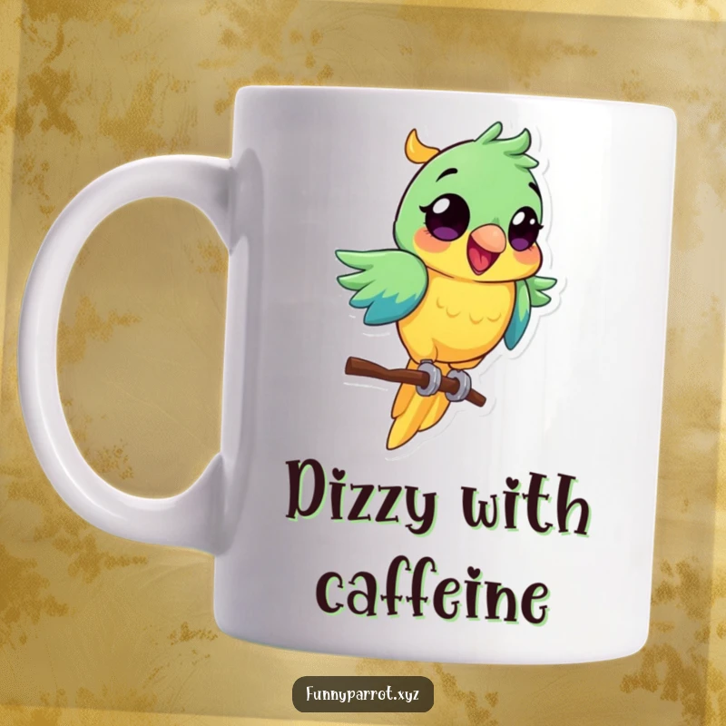 Funny parrot mug featuring a vibrant bird with wide eyes, excitedly spinning on its perch.