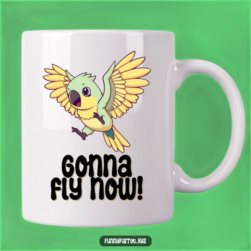 Funny Flying Parrot Mug - Hilarious determined bird with big wings makes a funny gift!