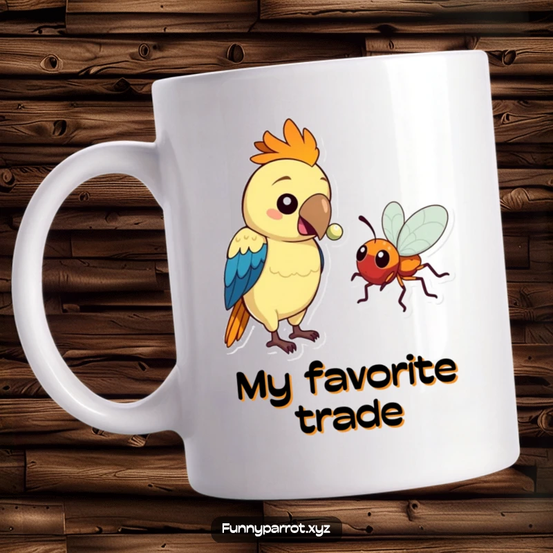 Funny mug showing a colorful parrot holding a shiny bead for a curious, friendly bug, depicting kindness and humor.