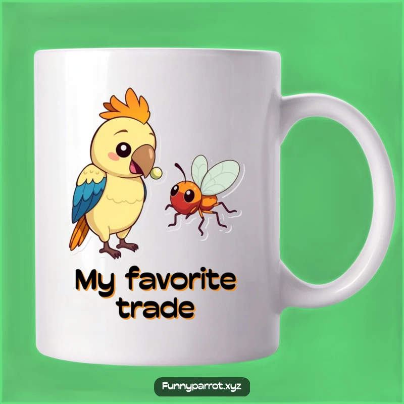 Funny Parrot Bead Gift Mug: Parrot Offers Shiny Bead to Friendly Bug for a Laugh