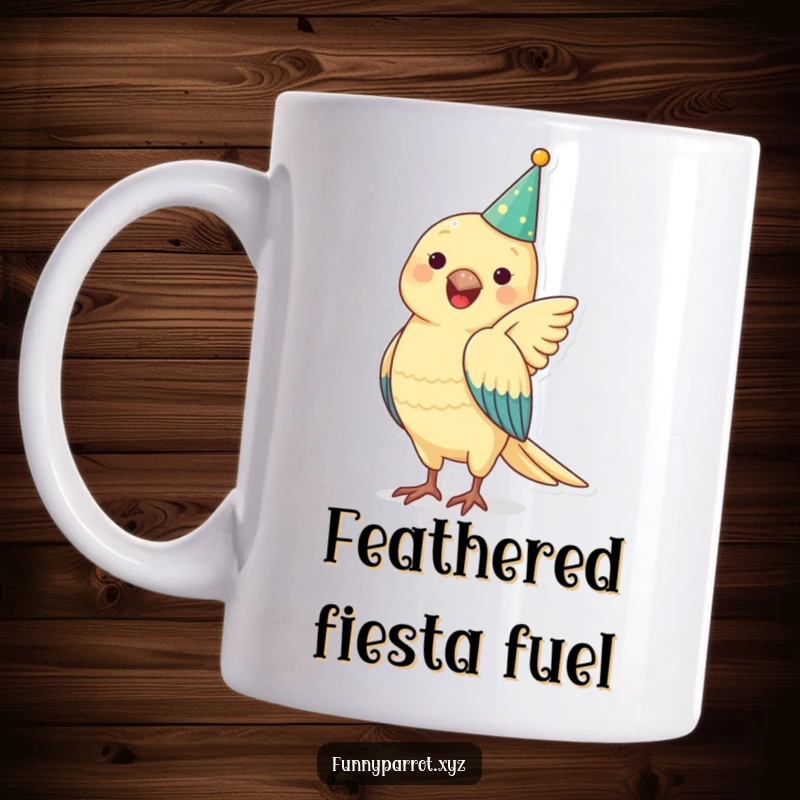 Funny parrot mug with a tiny party hat, flapping wings joyfully, celebrating a festive occasion, perfect for bird enthusiasts.
