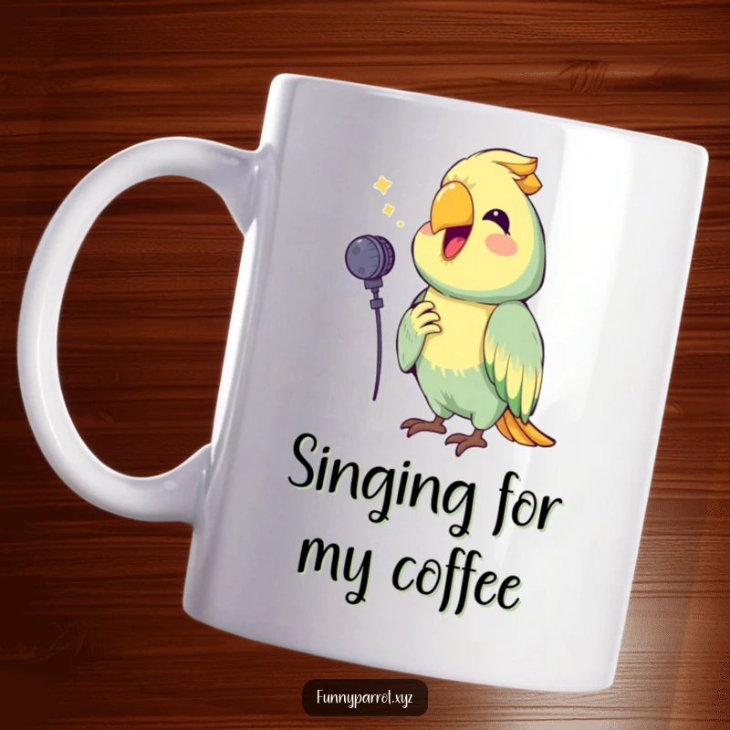 Funny ceramic mug featuring a happy parrot holding a tiny microphone, squawking joyfully as if singing a cheerful tune, full of musical delight.