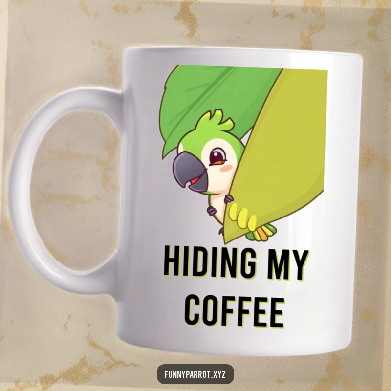 Funny mug showing a parrot with a mischievous grin playfully peeking from behind a large tropical leaf, evoking surprise and humor.