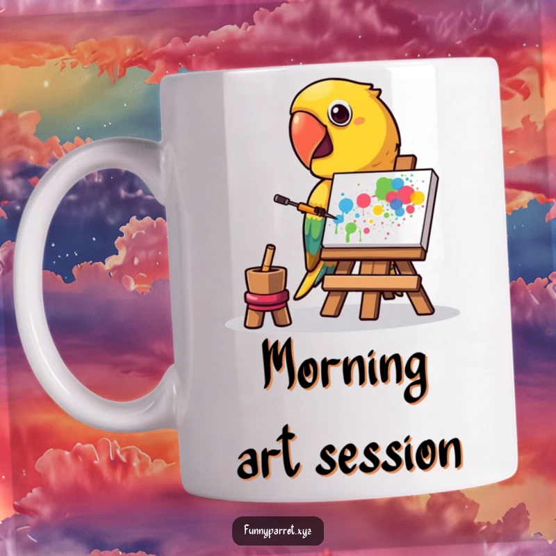 Funny mug showing a parrot using its beak to paint a vibrant abstract splatter on a tiny canvas, celebrating art.