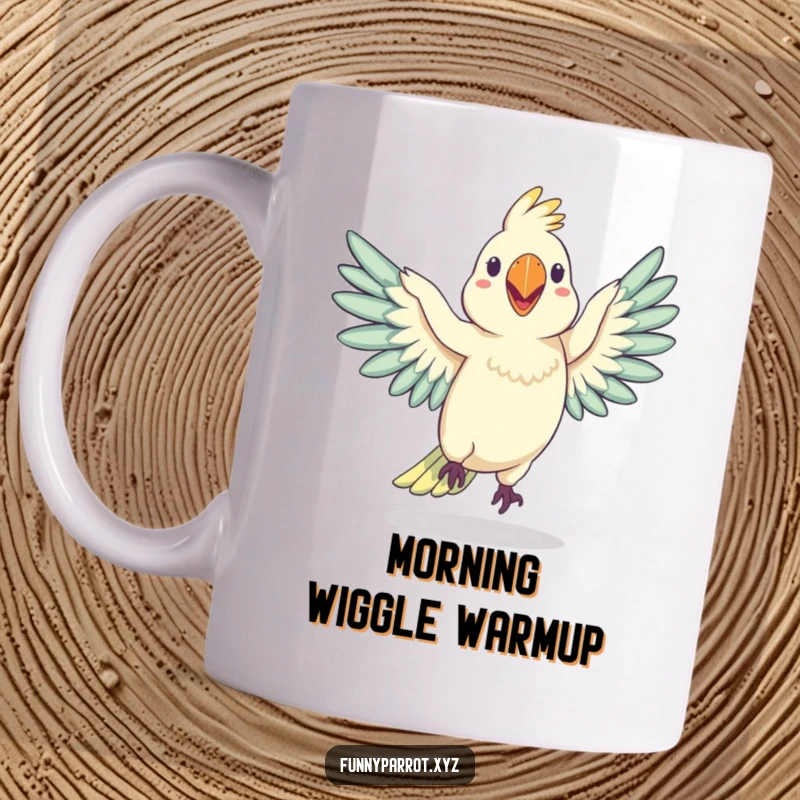 Funny ceramic mug depicting a silly parrot doing a joyful, wobbly dance with its wings spread wide, radiating pure, unadulterated fun.