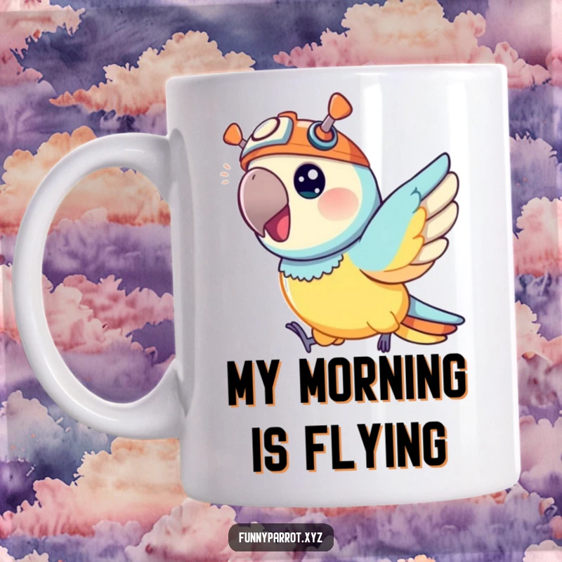 Funny mug featuring a vibrant parrot wearing a tiny propeller hat, joyfully zipping through the air with excitement.