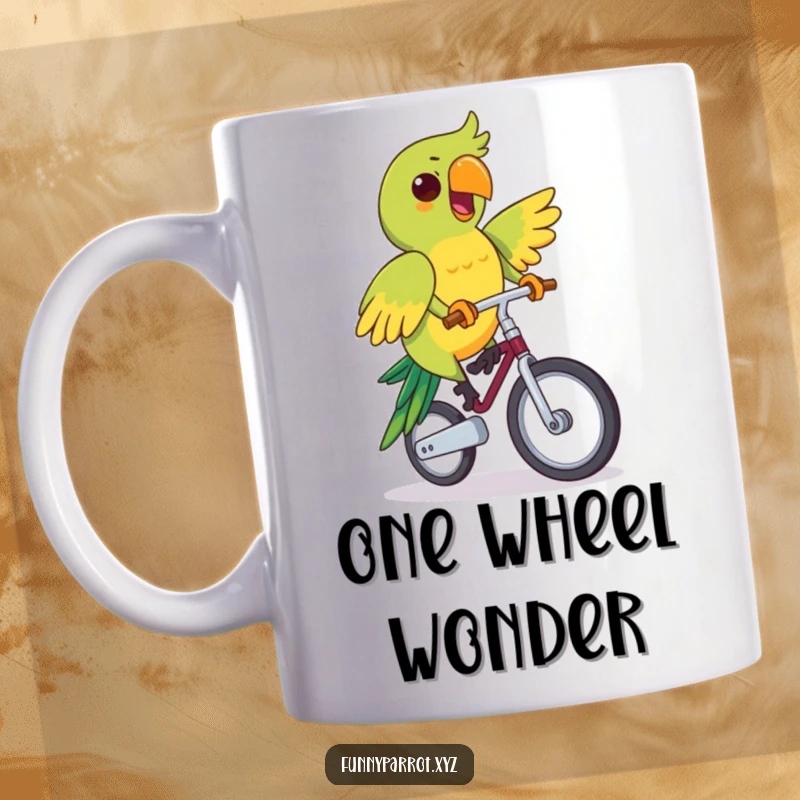 Funny mug showing a parrot enthusiastically riding a unicycle with a determined, cheerful expression, celebrating balance and fun.