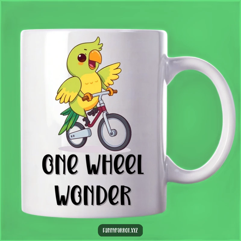 Funny Unicycle Parrot Mug: Determined Parrot Rides Unicycle, Perfect Funny Gift