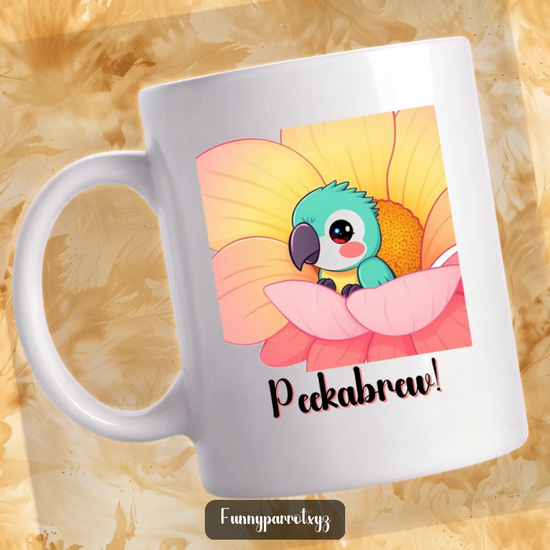 Funny curious parrot mug featuring a parrot peeking from behind a giant, brightly colored flower with an inquisitive expression.