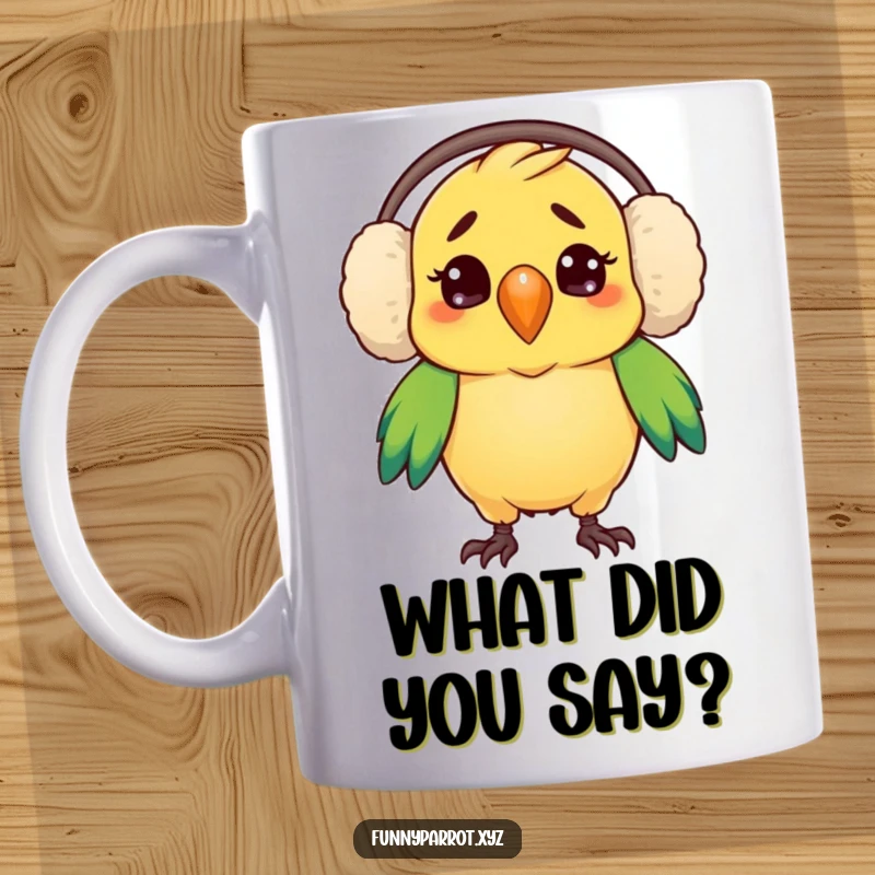 Funny mug showing a parrot wearing huge earmuffs and looking utterly confused, perfect for a humorous gift.