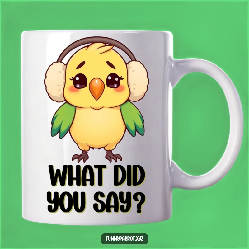Funny Parrot Earmuffs Mug: Confused Parrot with Oversized Ear Muffs, Perfect Funny Gift